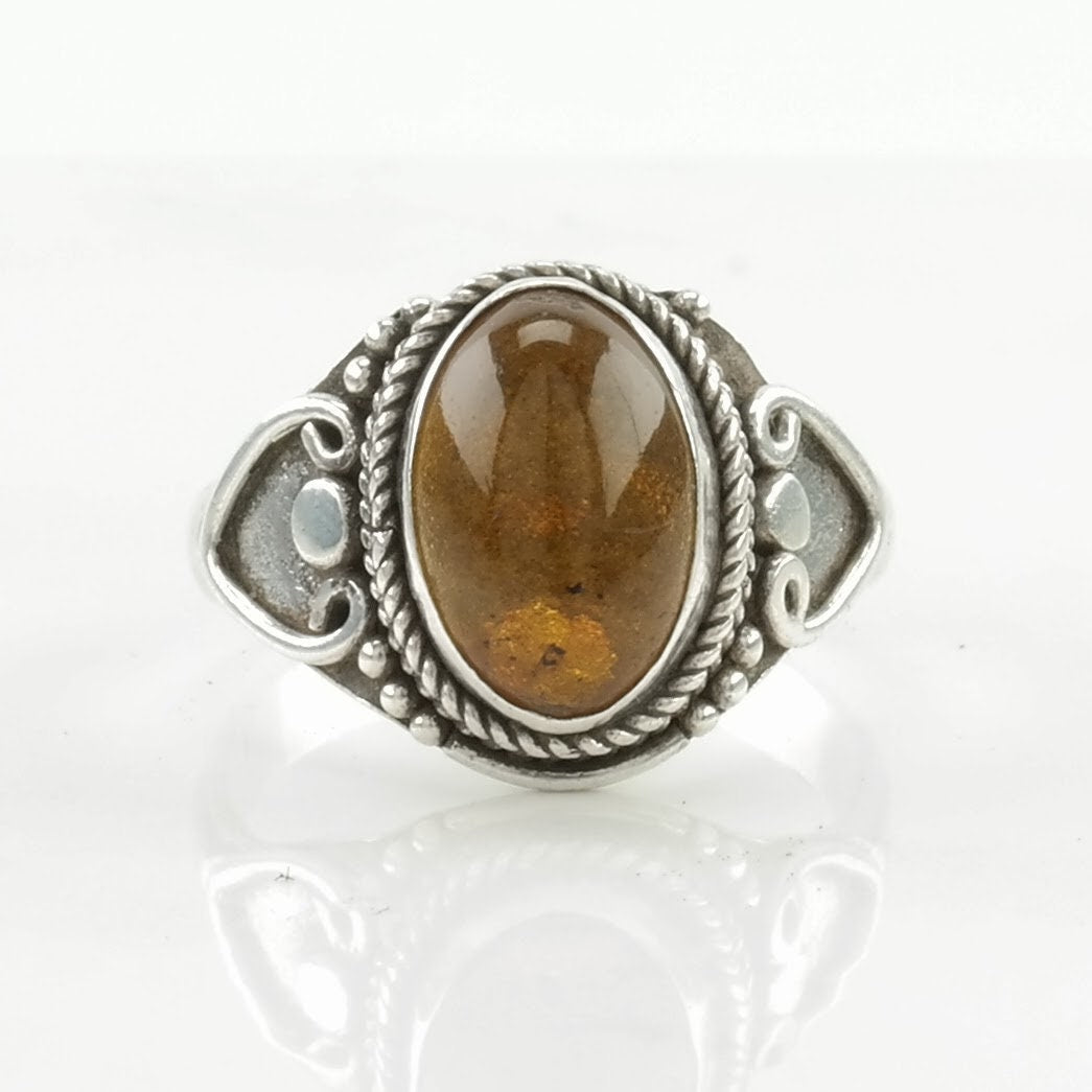 Sterling Silver Ring Amber Orange Size 7 1/2