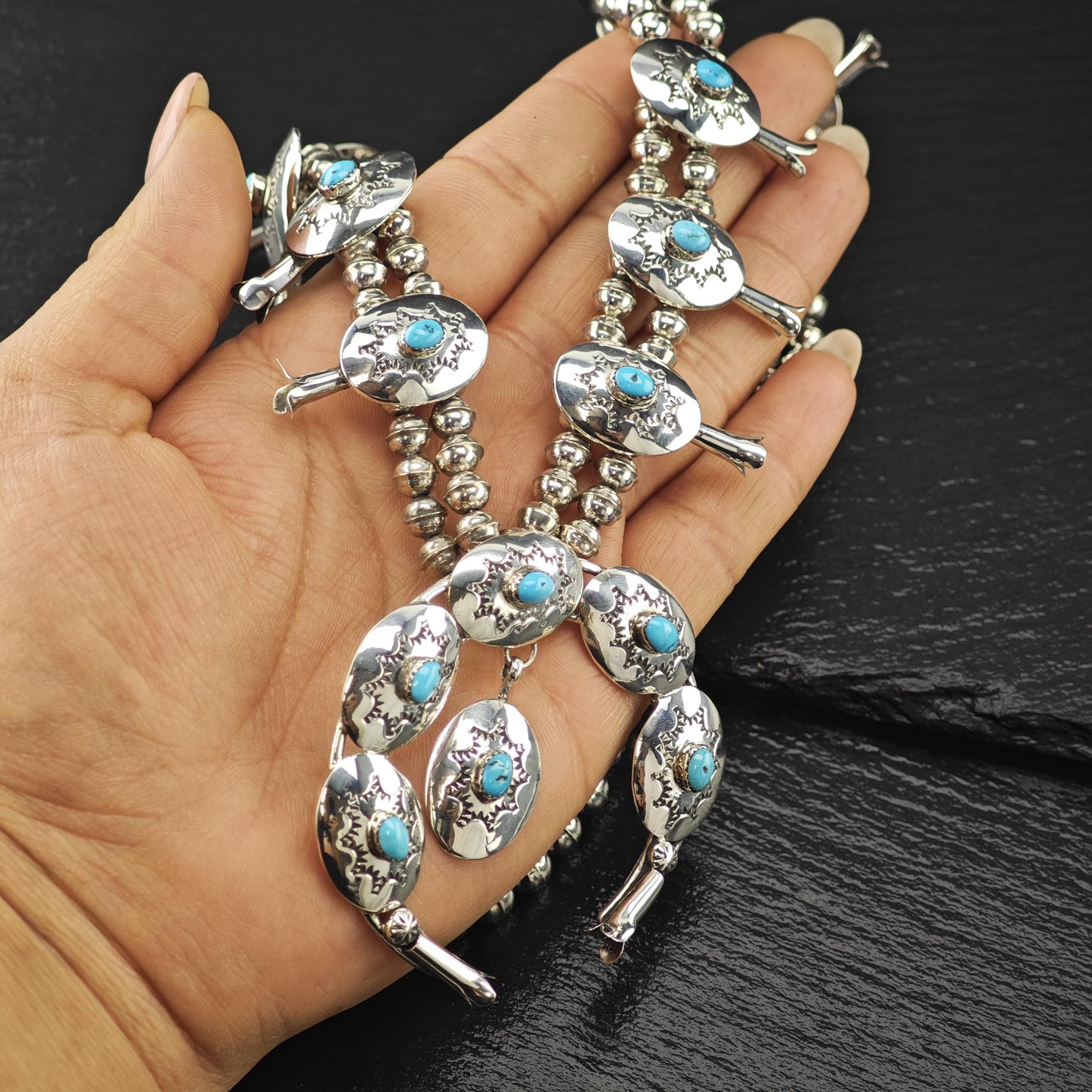 Sw Sterling Blue Turquoise Conchos Squash Blossom Necklace N2594