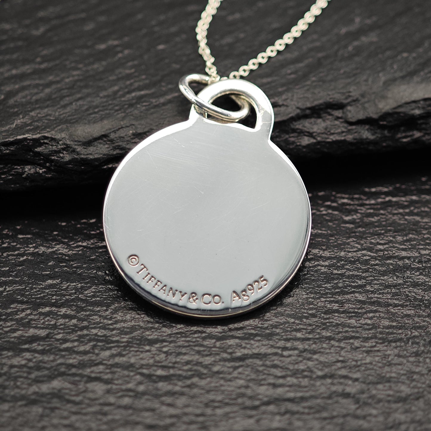 Vintage Tiffany Sterling Silver Teal Enamel Large Round Pendant Necklace N2569