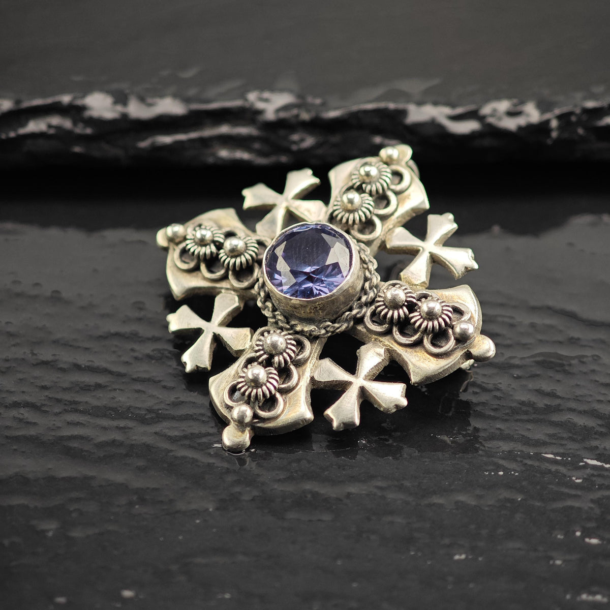 Color Change Corundum Jerusalem Cross 900 Silver Pendant/Brooch P3131