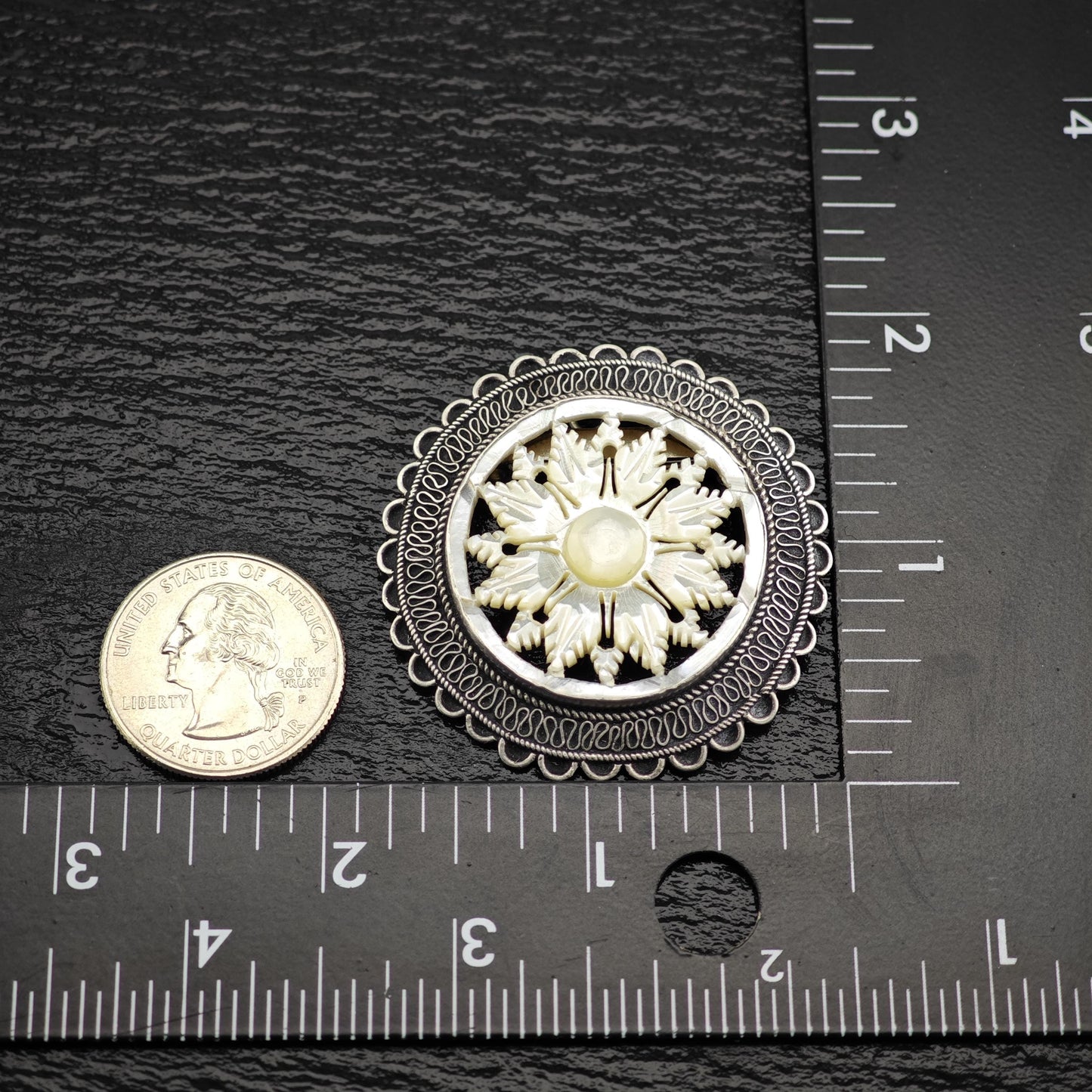 Jerusalem Snowflake, Carved MOP Brooch Pendant Sterling Silver