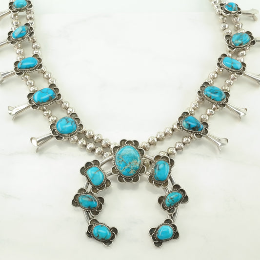 Vintage Native American Yazzie Sterling Silver Blue Turquoise Floral Squash Blossom Necklace