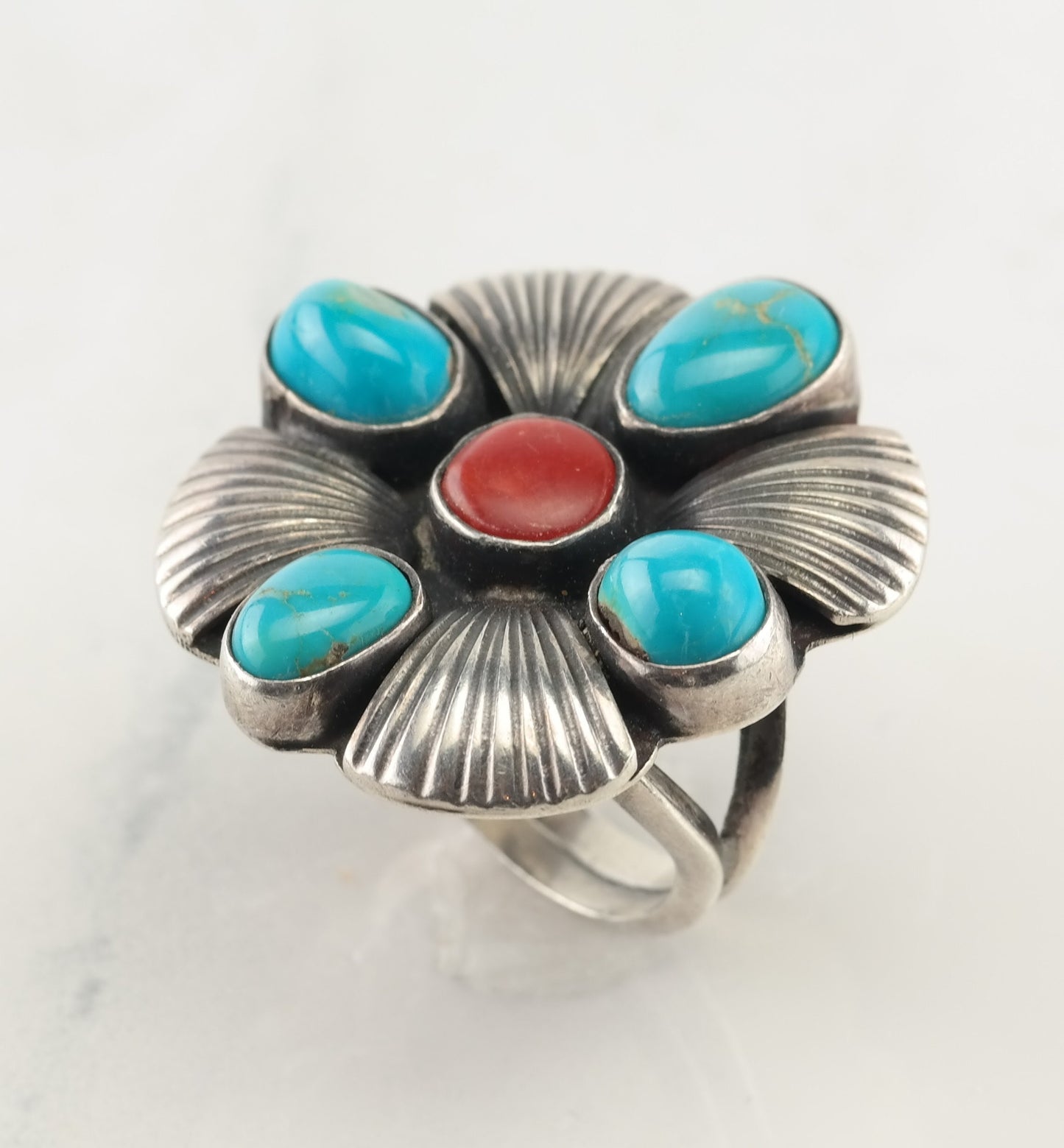 Native American Silver Ring Turquoise, Coral Floral Sterling Size 7