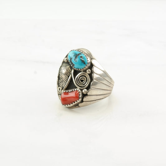 Native American Silver Ring Turquoise Coral Leaf Swirl Sterling Size 11