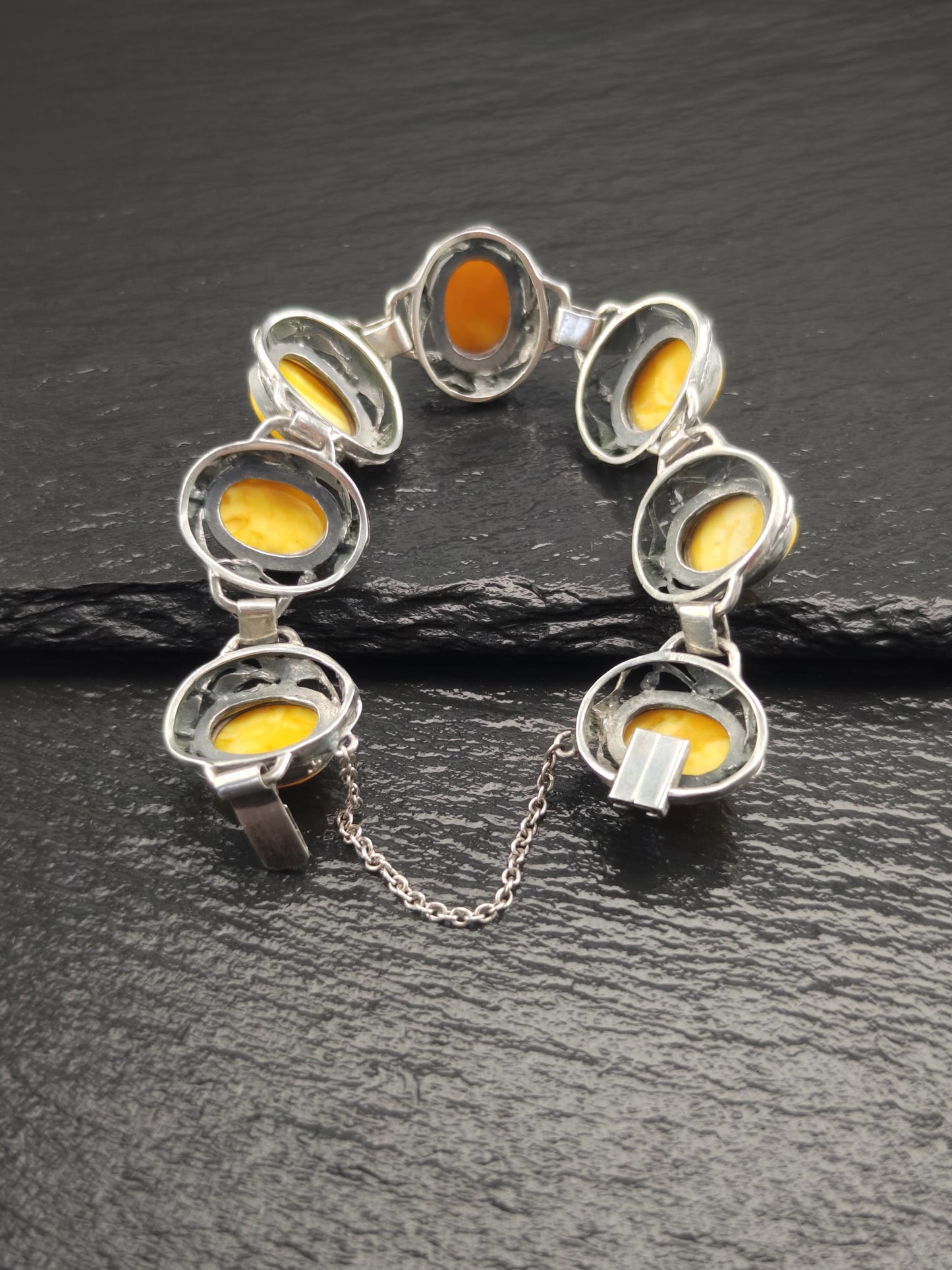 Baltic Amber Bracelet in Art Nouveau Style Yellow Opaque Sterling Silver