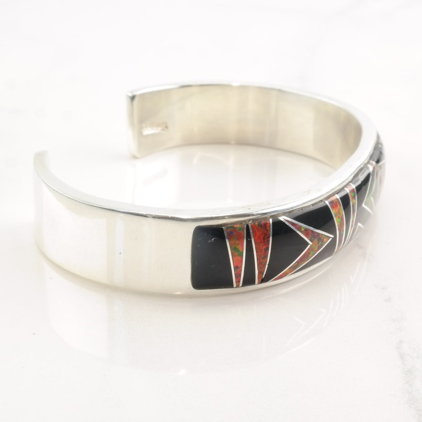 Southwest Sterling Silver Cuff Bracelet Fire Lab Opal Onyx Inlay