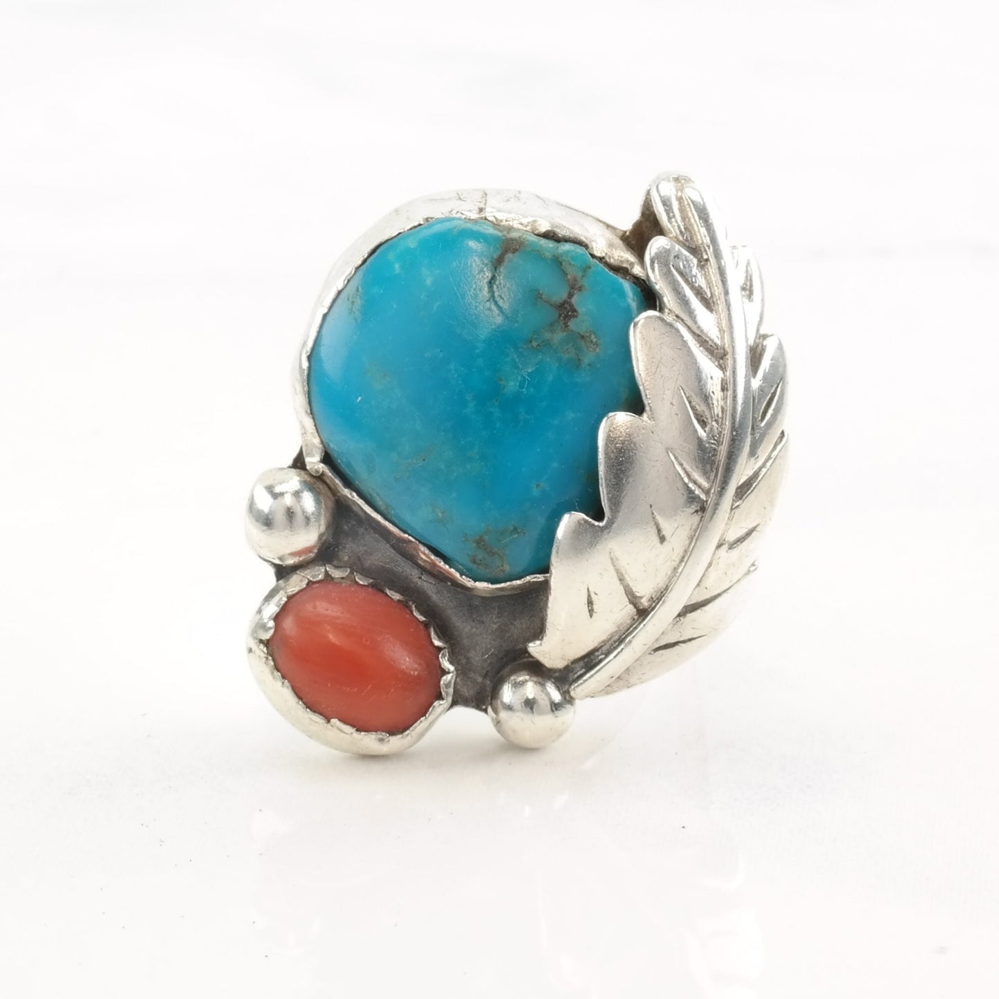 Native American Silver Ring Turquoise Coral Leaf Size 8