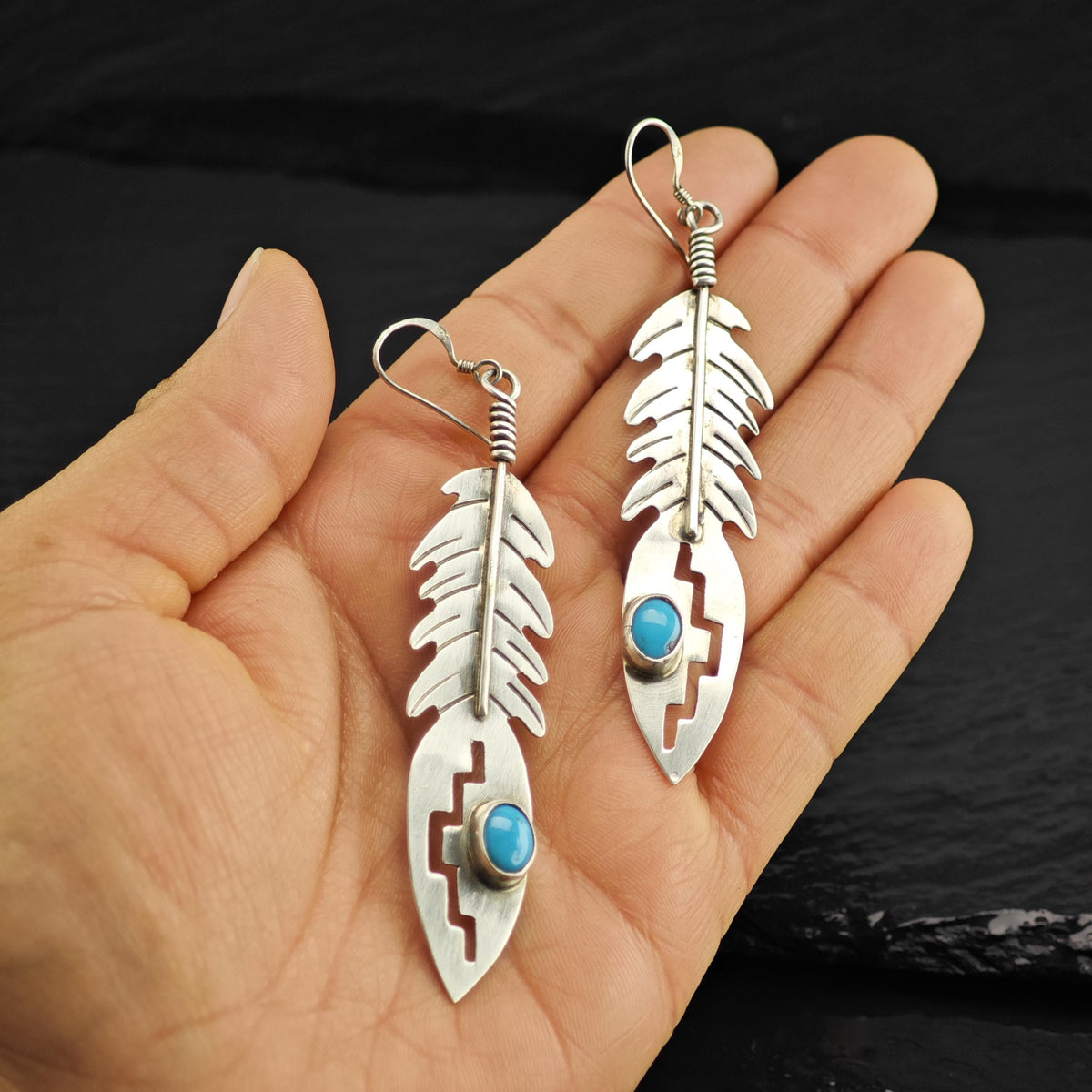 Navajo Turquoise Feather Design Dangle Sterling Silver Earrings ER3237