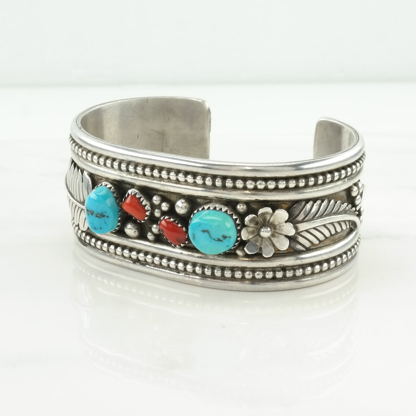 Native American Sterling Silver Cuff Bracelet Blue, Red Turquoise, Coral Leaf