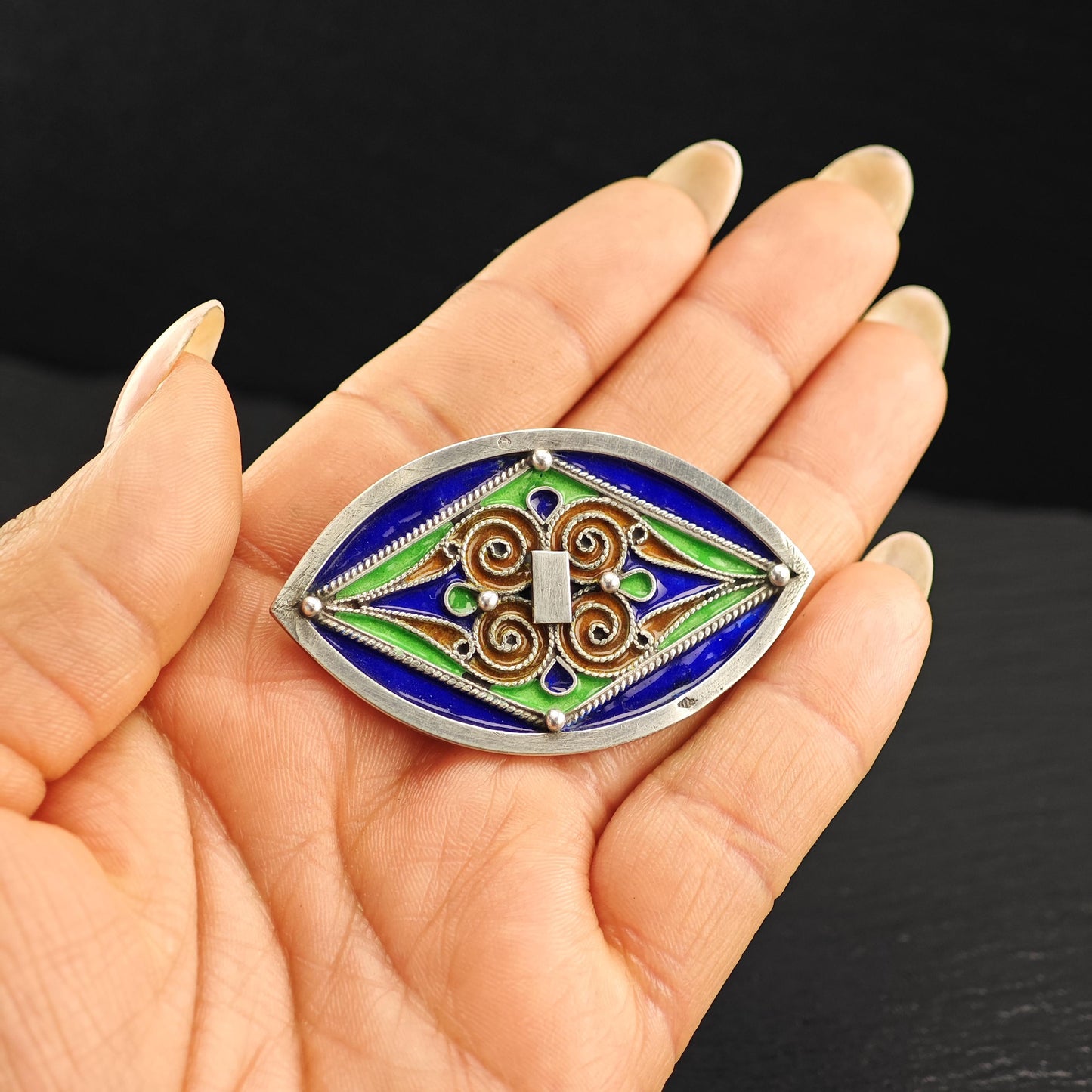French Sterling Silver Brooch Geometric Multi-Color Enamel Design B2095