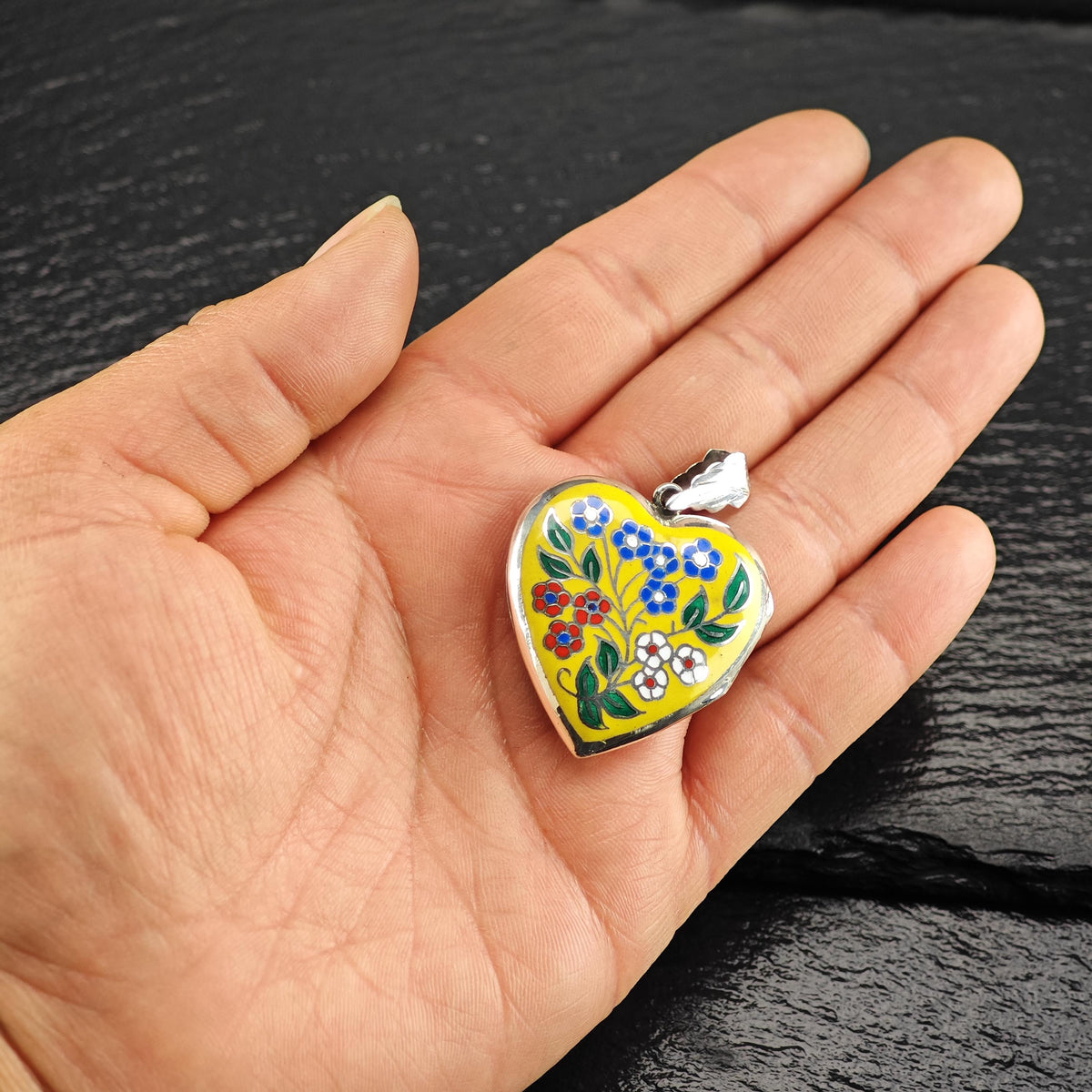 Enamel Heart Floral Locket Sterling Silver Pendant P3159
