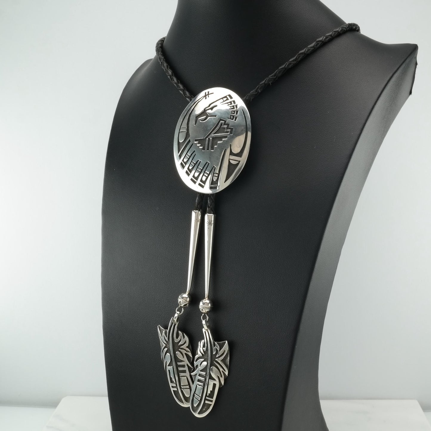 Native American Overlay Eagle Bolo Tie Sterling Silver Black Necklace Hopi William Satella