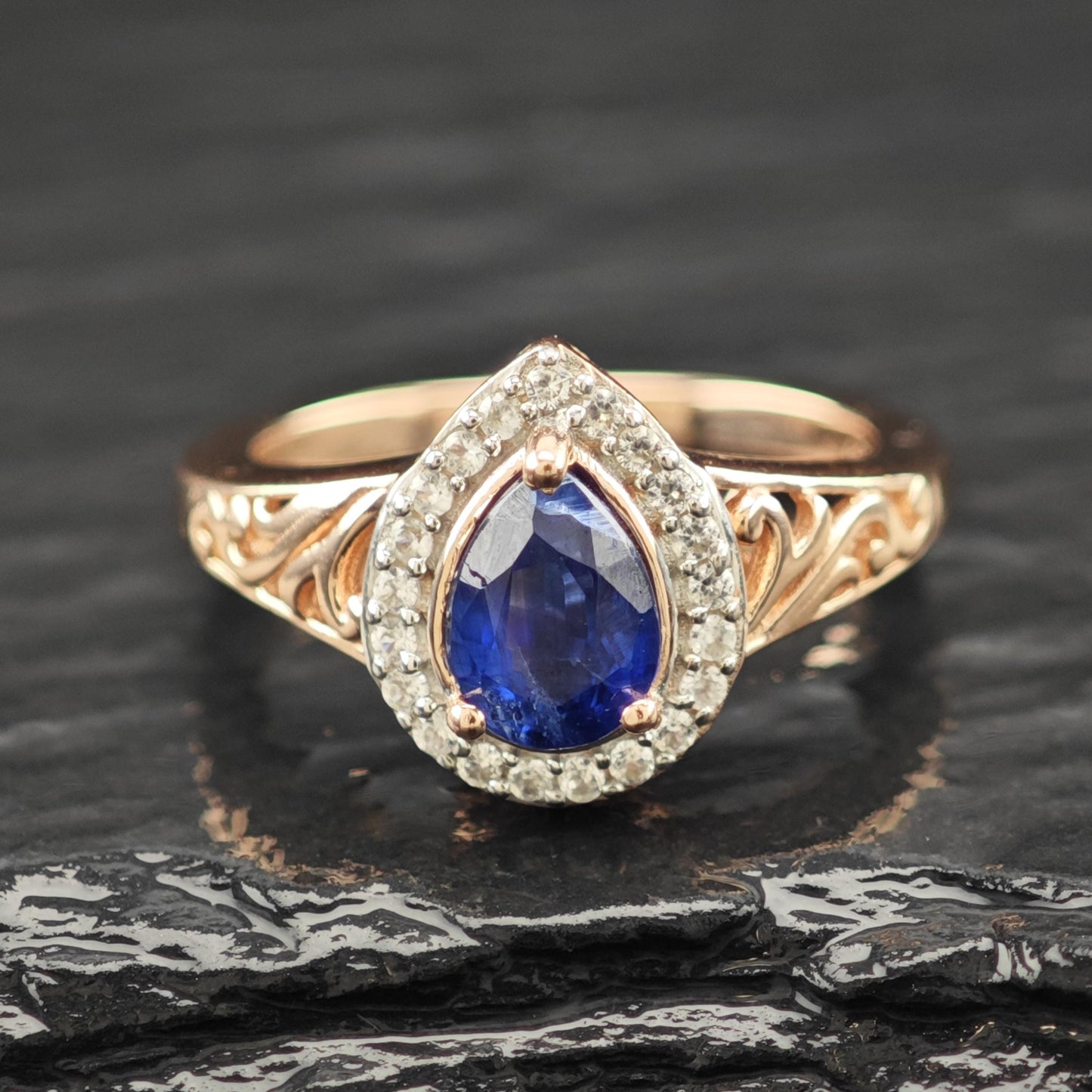 Natural Sapphire Teardrop 14K Rose Gold Plated Ring Sterling Silver Sz 5 R6167