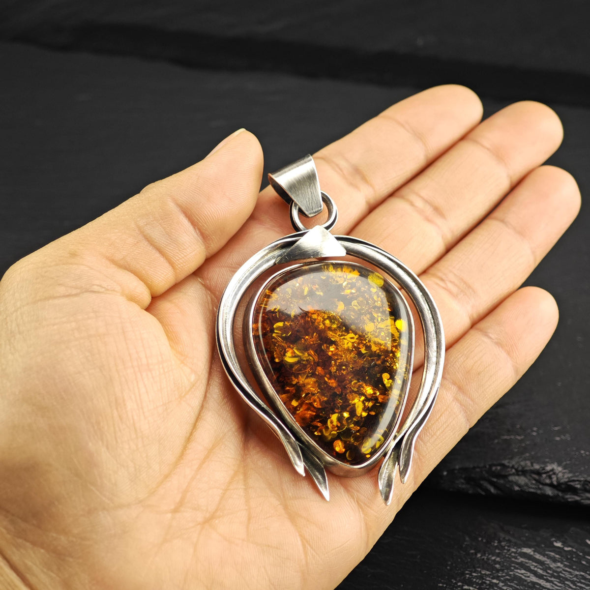 Large Teardrop Amber Sterling Silver Pendant P3125