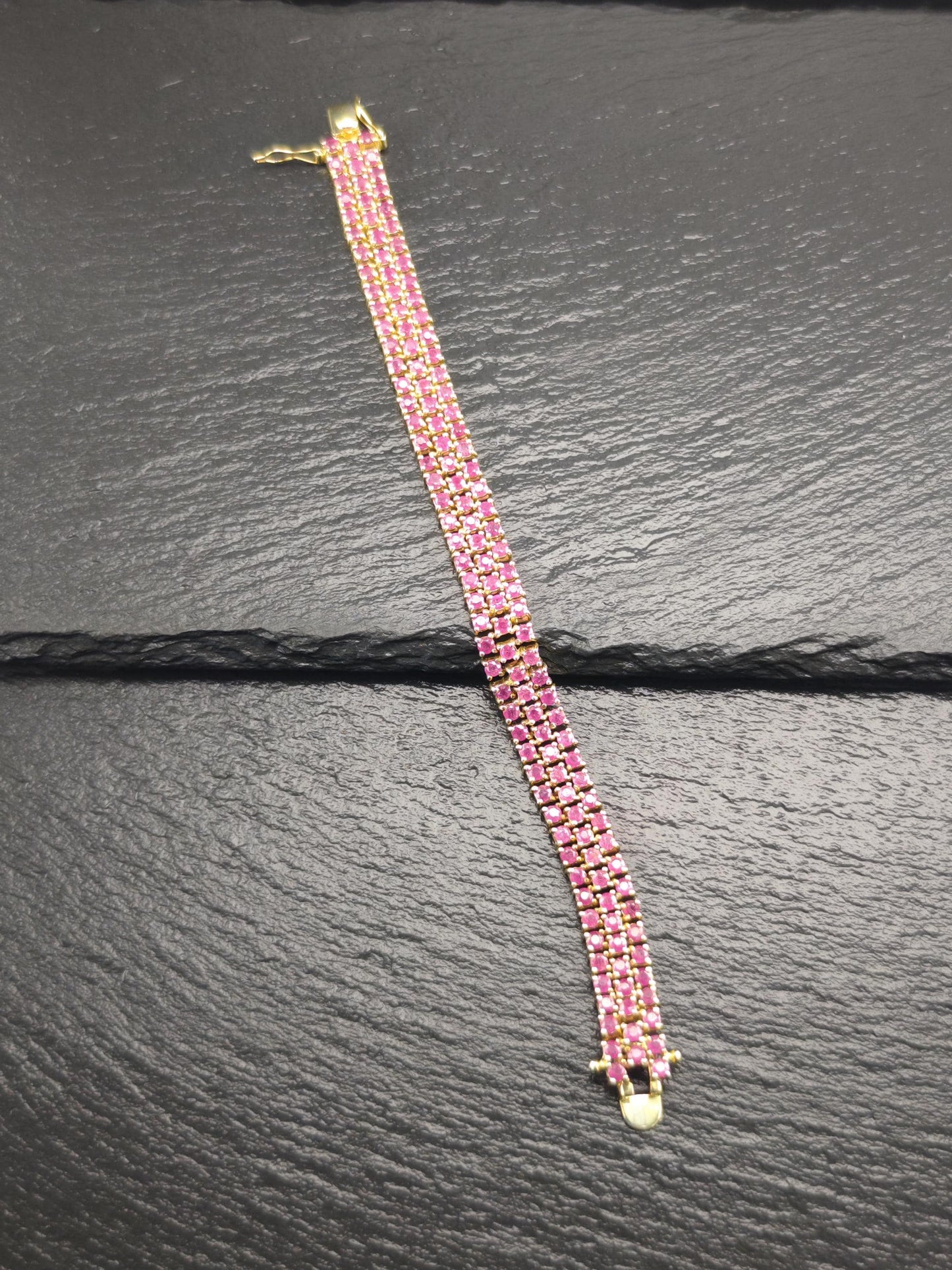 Gold Plated Lead Glass Filled Ruby Three Row Line Bracelet Sterling Silver