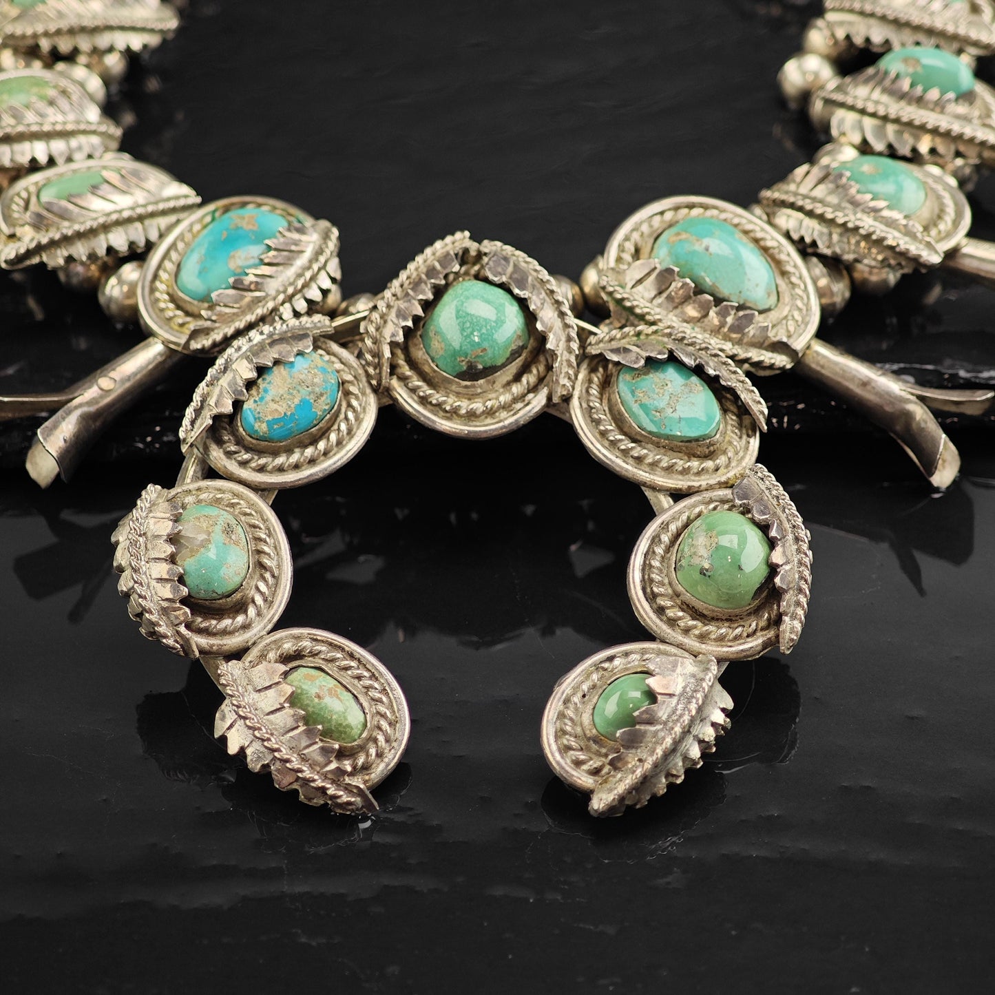 Vintage Native American Morenci Turquoise Sterling Silver Squash Blossom Necklace N2728