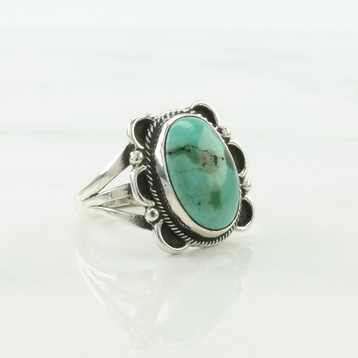 Native American Silver Ring Turquoise Floral Sterling Blue Size 5 1/4