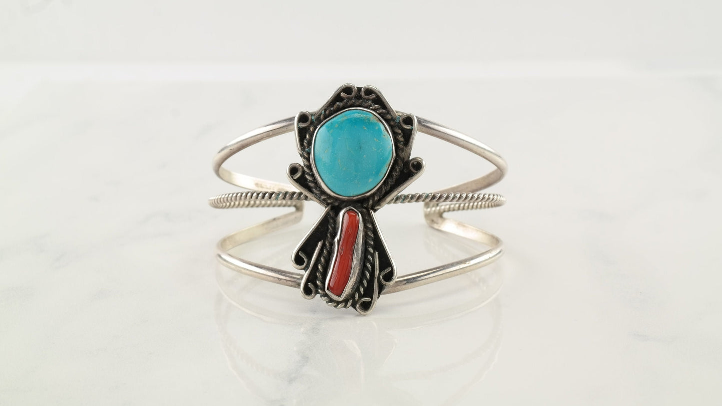 Vintage Coral Turquoise Cuff Bracelet Sterling Silver