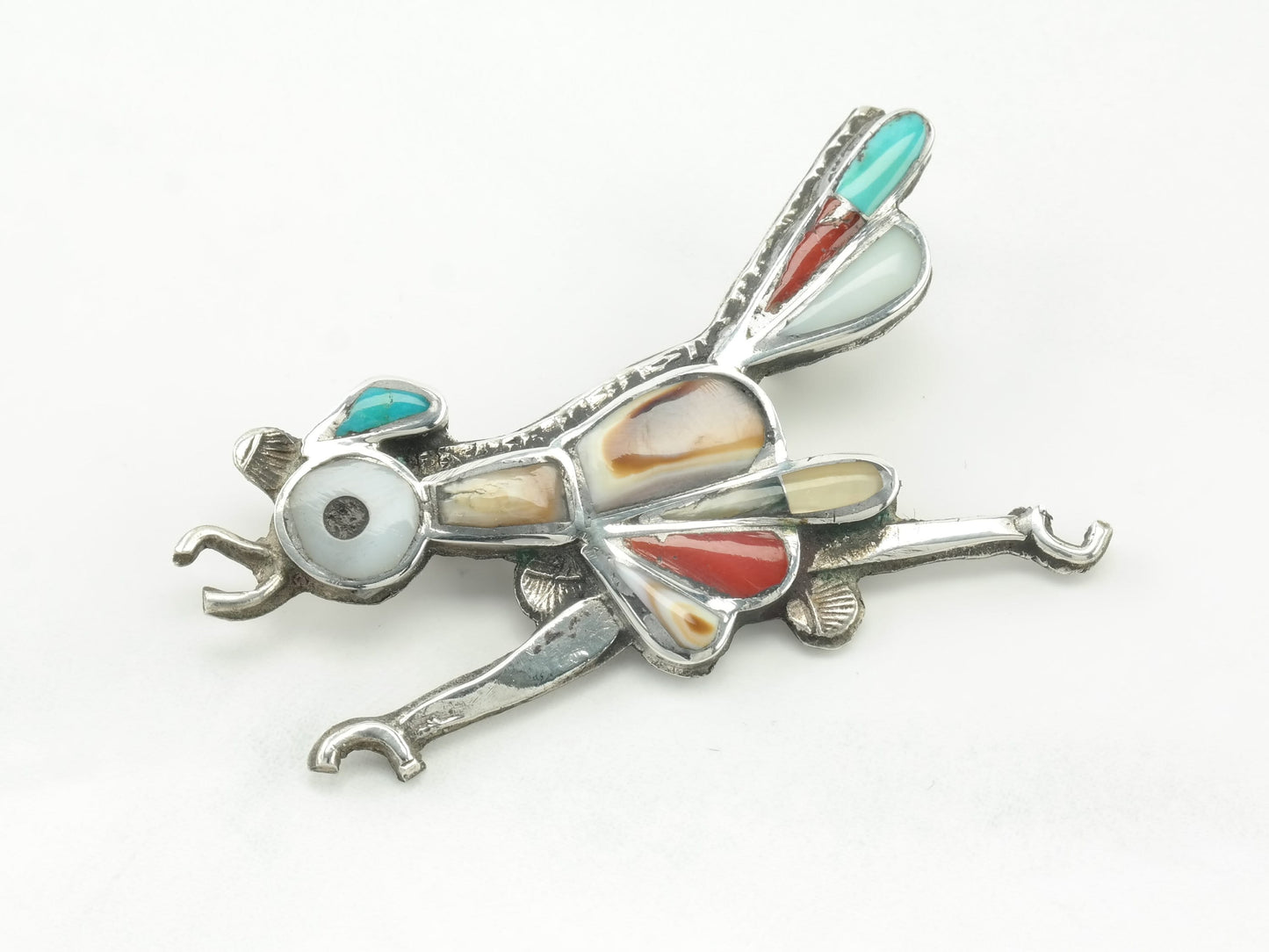 Zuni Brooch Roadrunner Multi Stone Inlay Sterling Silver