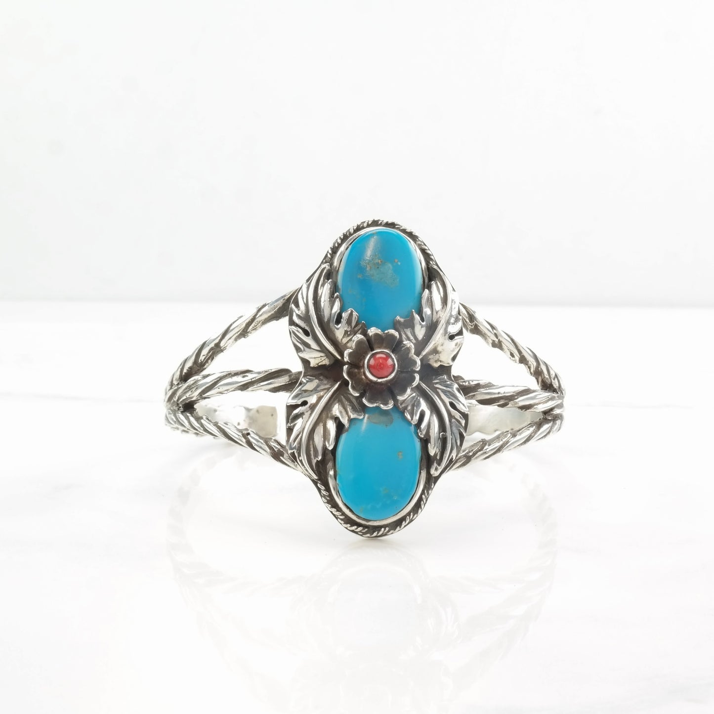 Southwest Sterling Silver Cuff Bracelet Turquoise, Coral Floral