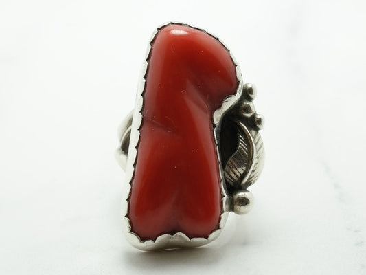 Native American Coral Ring Sterling Silver Leaf Size 5