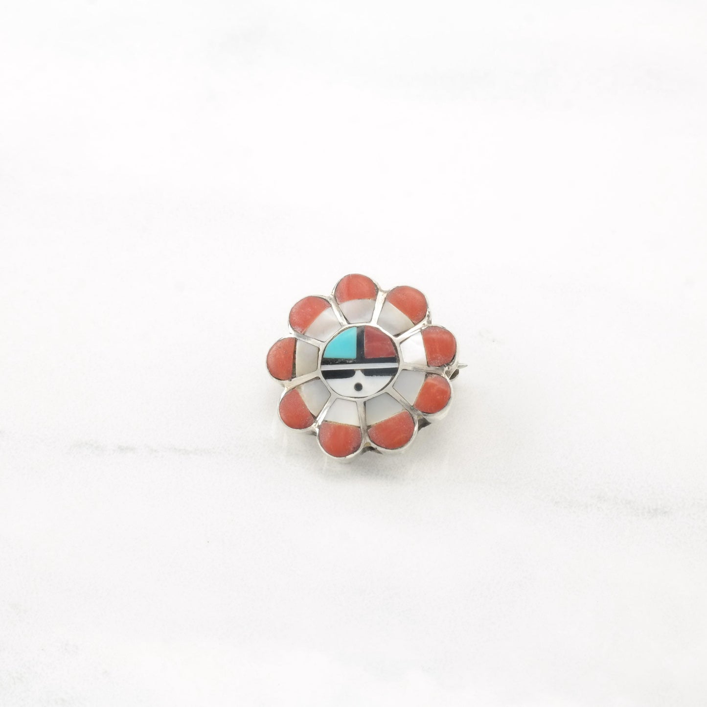 Choice Native American Turquoise MOP Floral Sunface, Turquoise Floral Cluster Sterling Silver Brooch Pendant