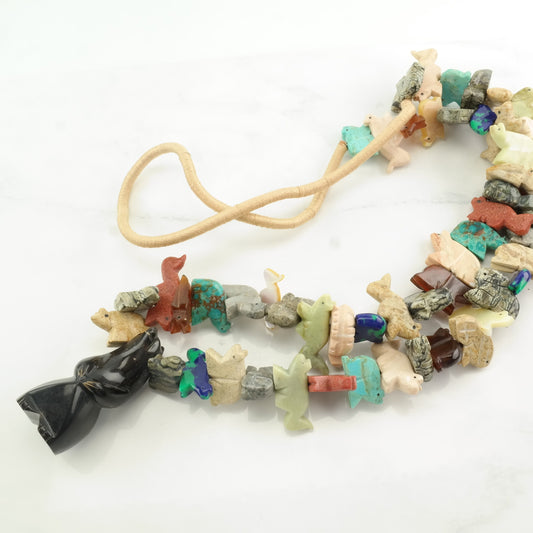 Southwest Style Turquoise, MOP, Coral, Onyx Bear, Animal Carvings Heishi Necklace