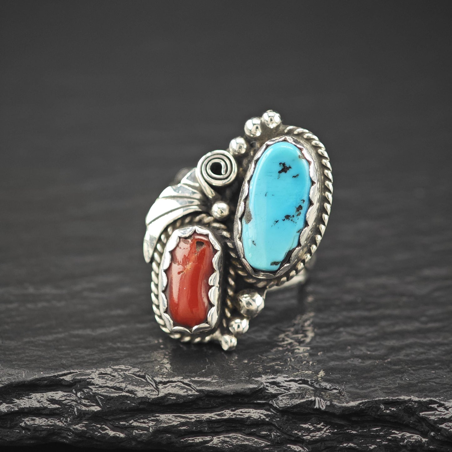 Native American Turquoise Coral Ring Sterling Silver
