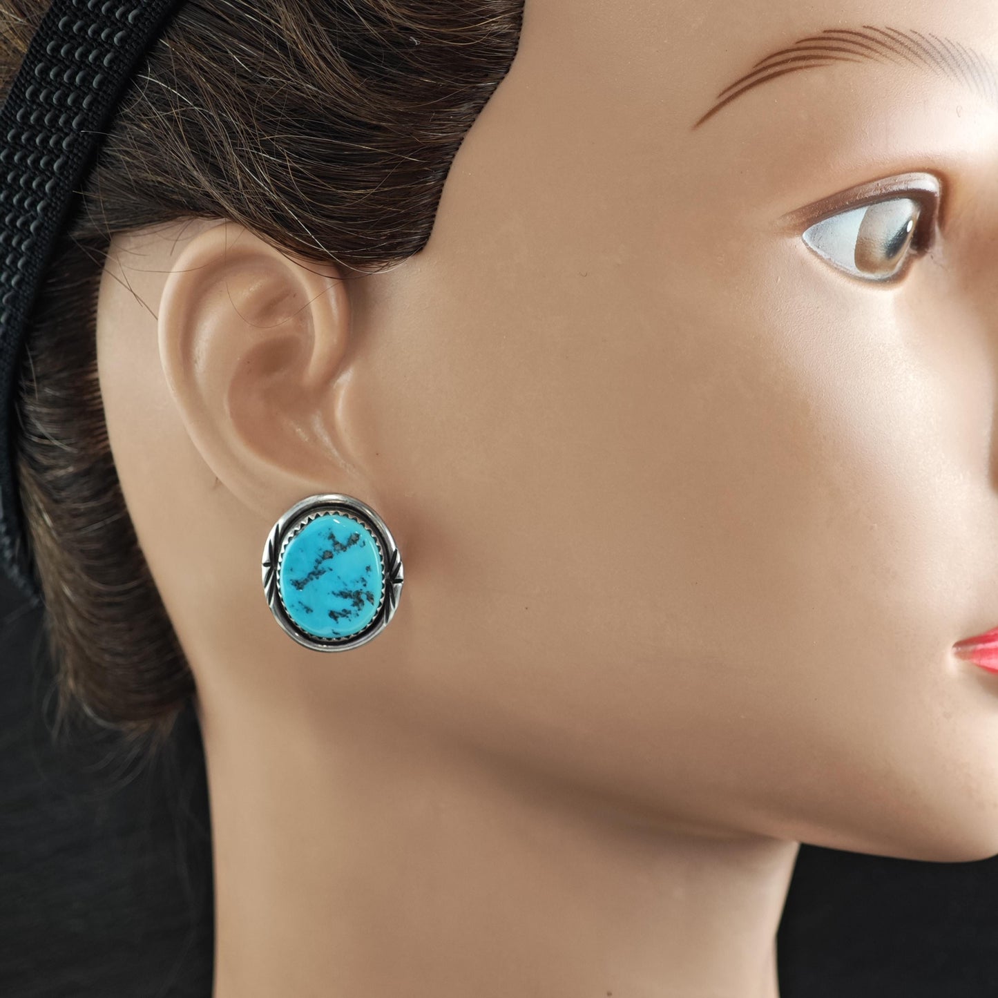 Vintage Native American Sleeping Beauty Turquoise Sterling Silver Stud Earrings ER3173
