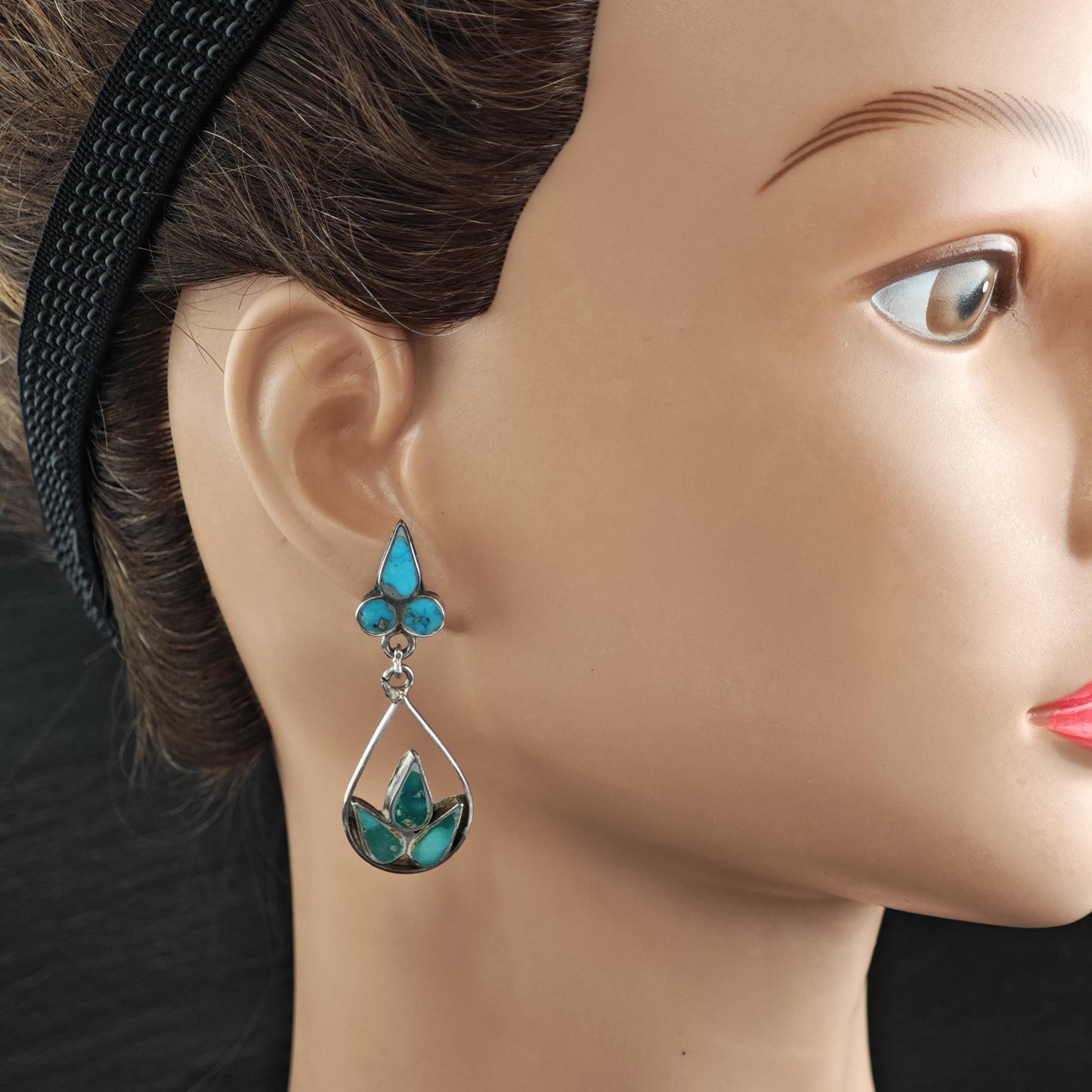 Vintage Zuni, Native American Turquoise Inlay Stud Sterling Silver Earrings ER3172
