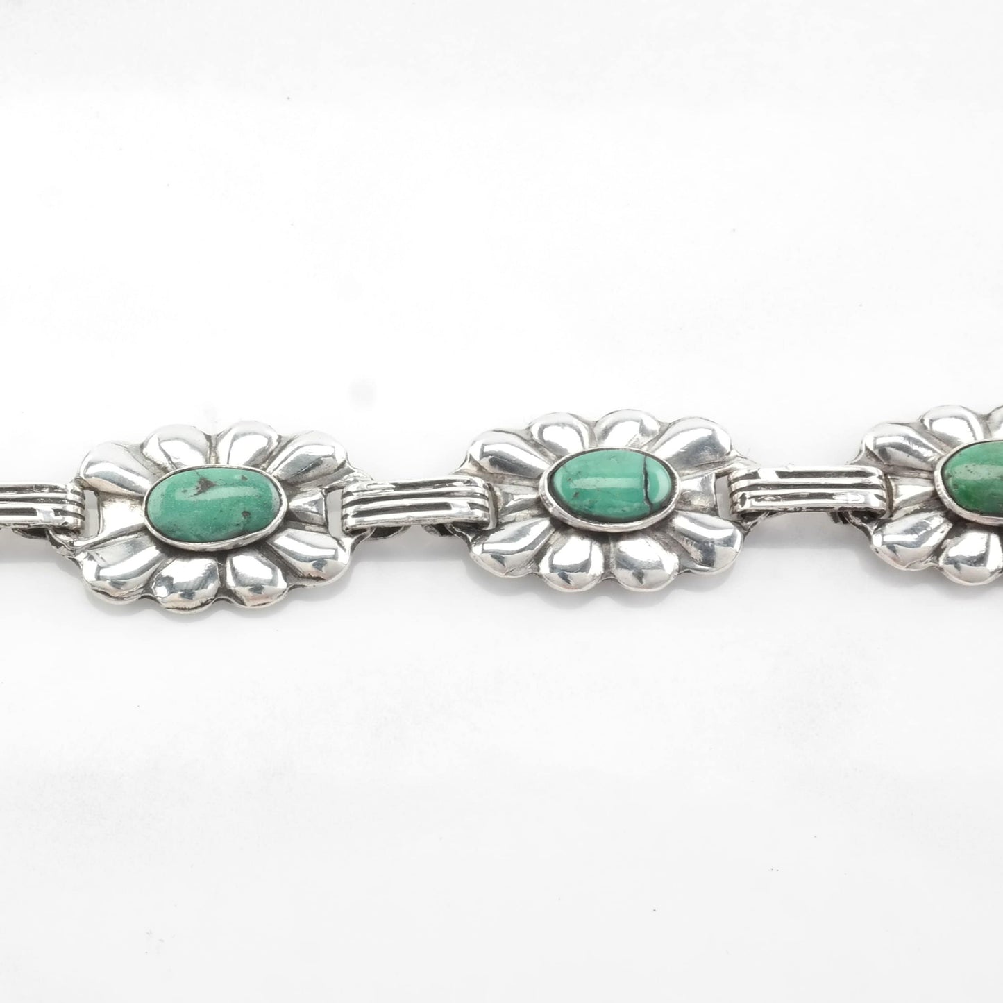 Fred Harvey Era Sterling Silver Link Bracelet Green Turquoise Floral