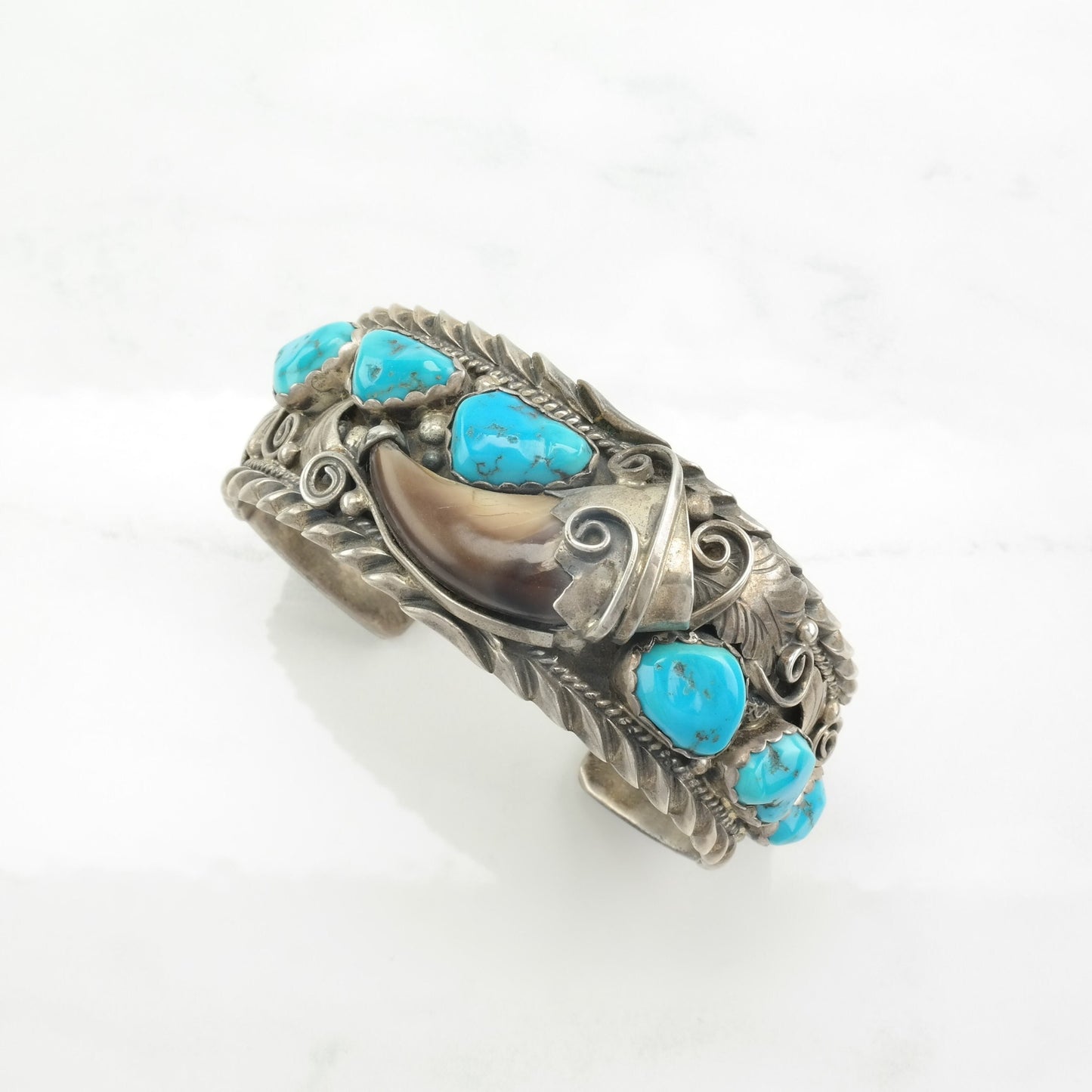 Native American Sterling Silver Cuff Bracelet Blue Turquoise Floral, Feather