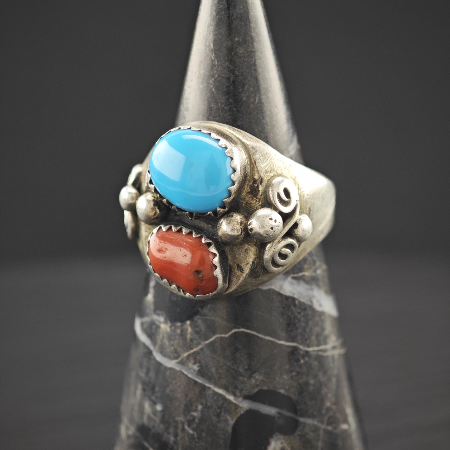 Native American Turquoise, Coral Ring Sterling Silver Size 8 1/2