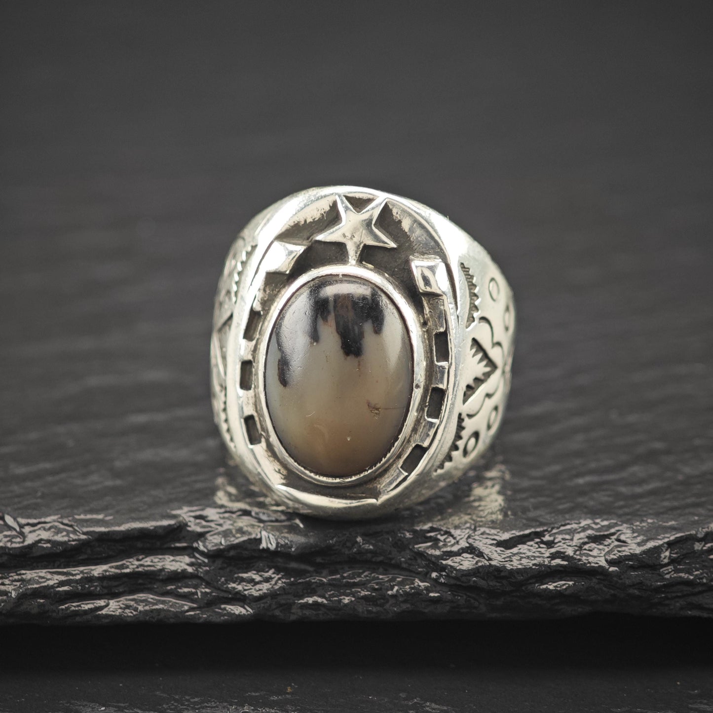 Sterling Bell Horseshoe Silver Ring Petrified Wood