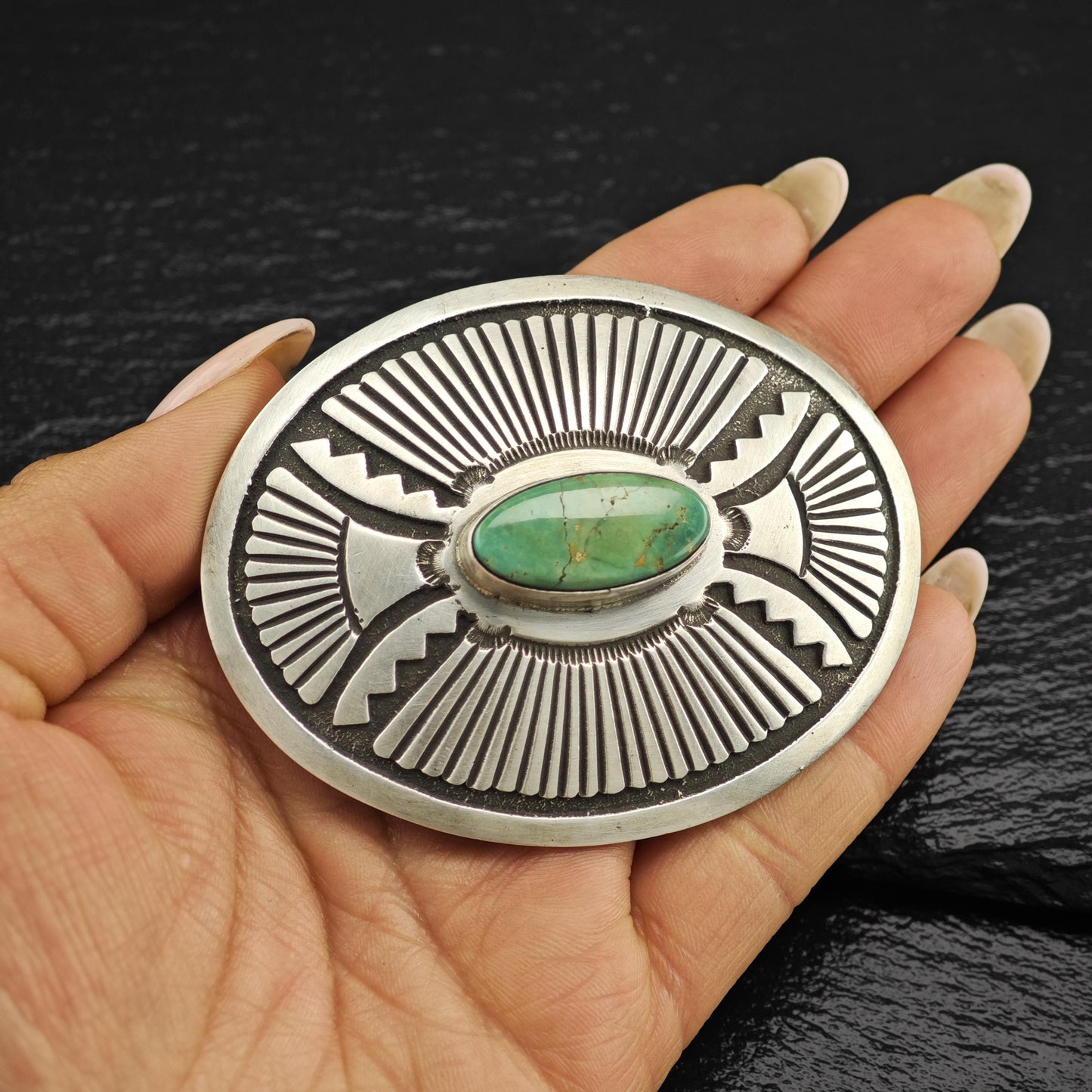 Turquoise Overlay Belt Buckle by Henry Morgan Native American Sterling Silver