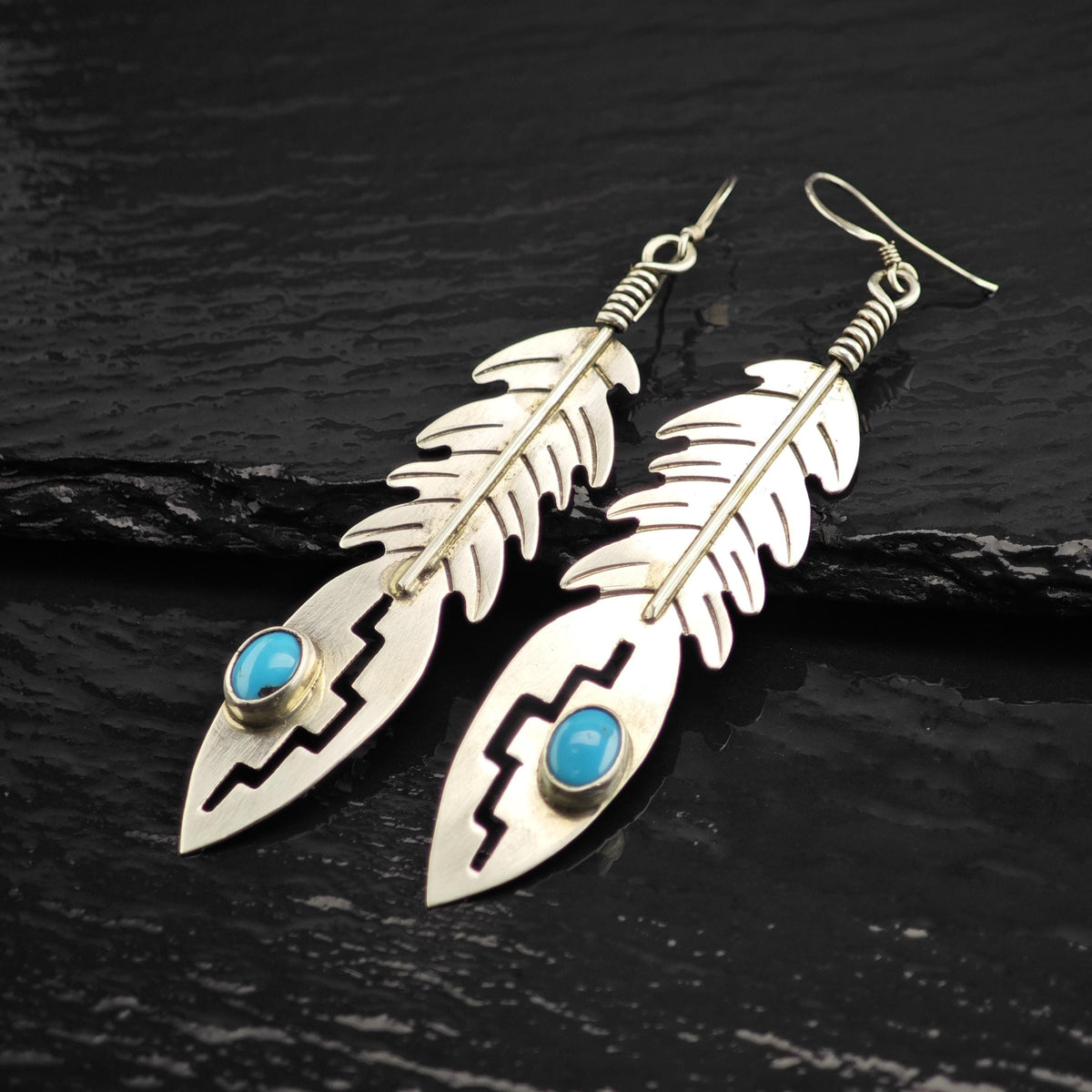 Navajo Turquoise Feather Design Dangle Sterling Silver Earrings ER3237