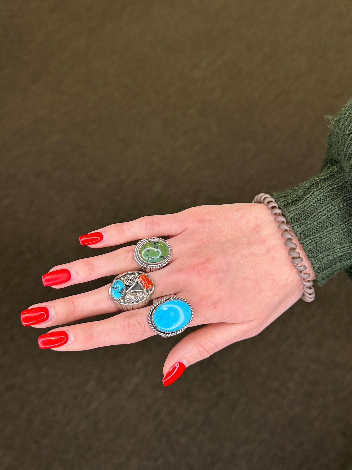 Native American Silver Ring Turquoise Coral Leaf Swirl Sterling Size 11