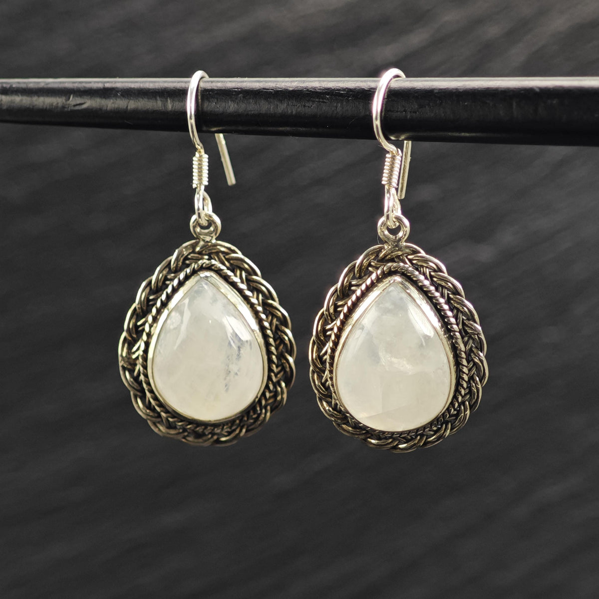 Teardrop Moonstone Braided Detail Sterling Silver Dangle Earrings ER3214