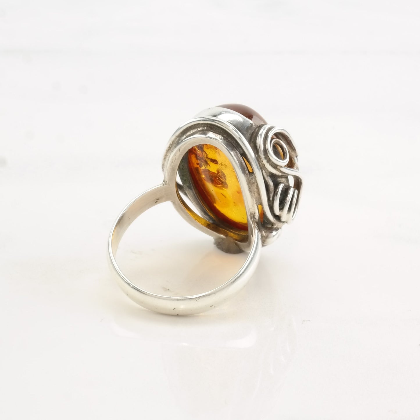 European Silver Ring Amber Oval Swirl Sterling Size 8