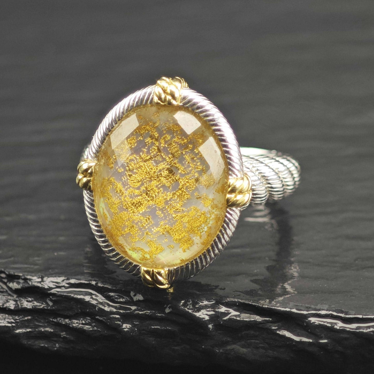 Judith Ripka Gold Flake Quartz Doublet & Gold Accent Sterling Silver Ring Sz 8 R6685