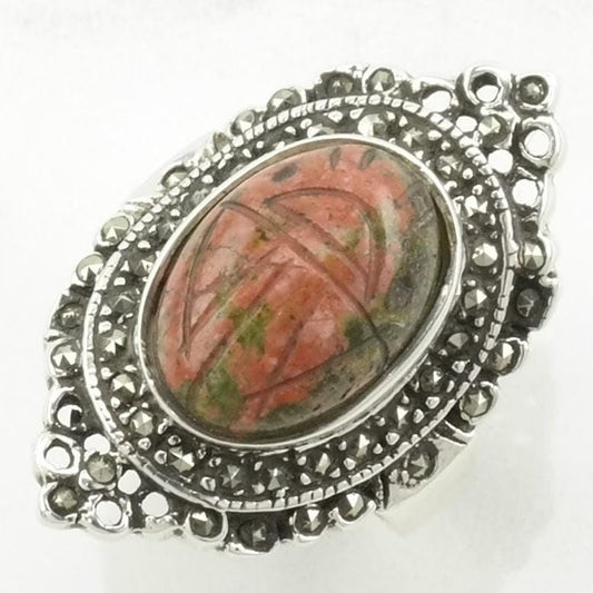 Vintage Sterling Silver Ring Scarab Carved Stone Red, Green Size 7 1/4