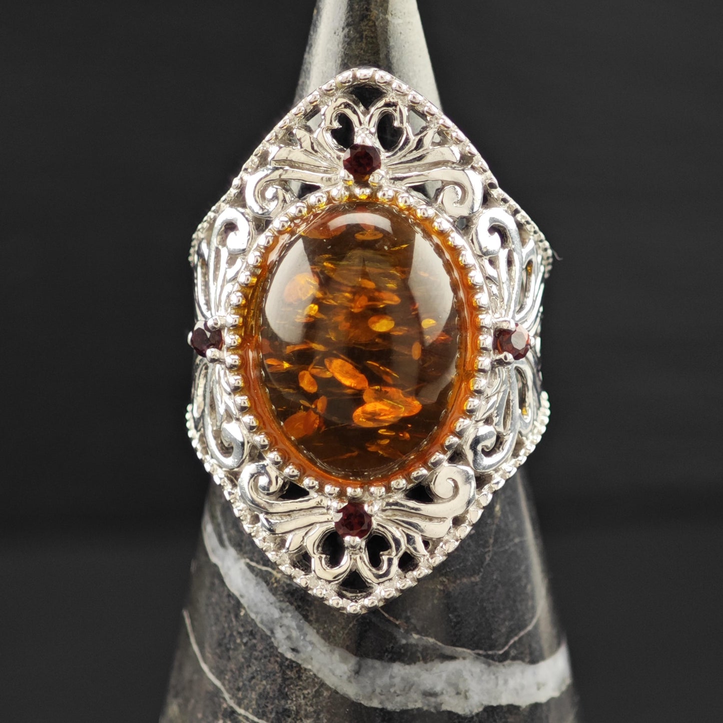 BBJ Amber Ruby Ring Sterling Silver Filigree Sz 6 1/4 R6090