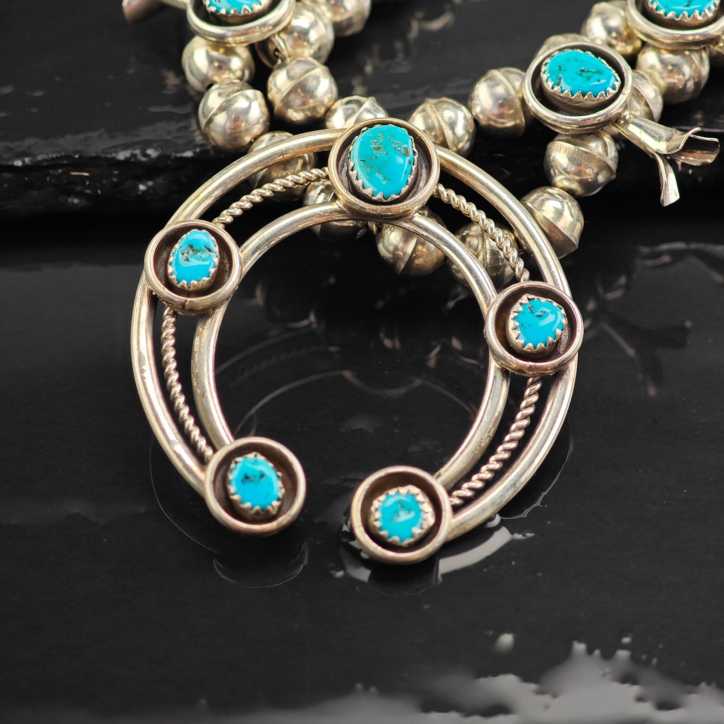 Vintage Native American Turquoise Sterling Silver Squash Blossom Necklace N2721