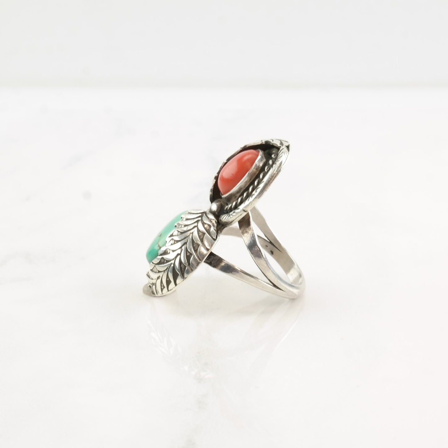 Native American Silver Ring Turquoise Coral Leaf Double Sterling Size 7 3/4