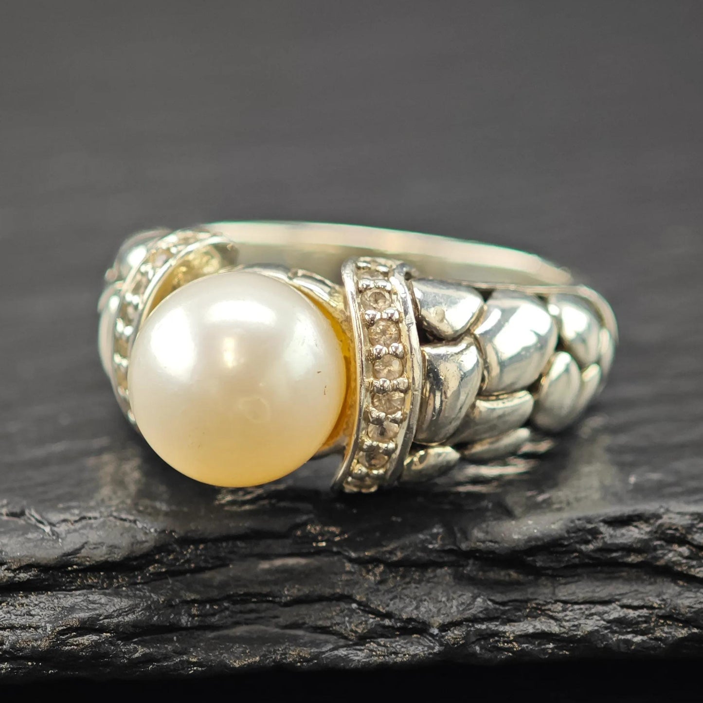 Effy Diamond Pearl Ring Sterling Silver Sz 7 1/4 R6029