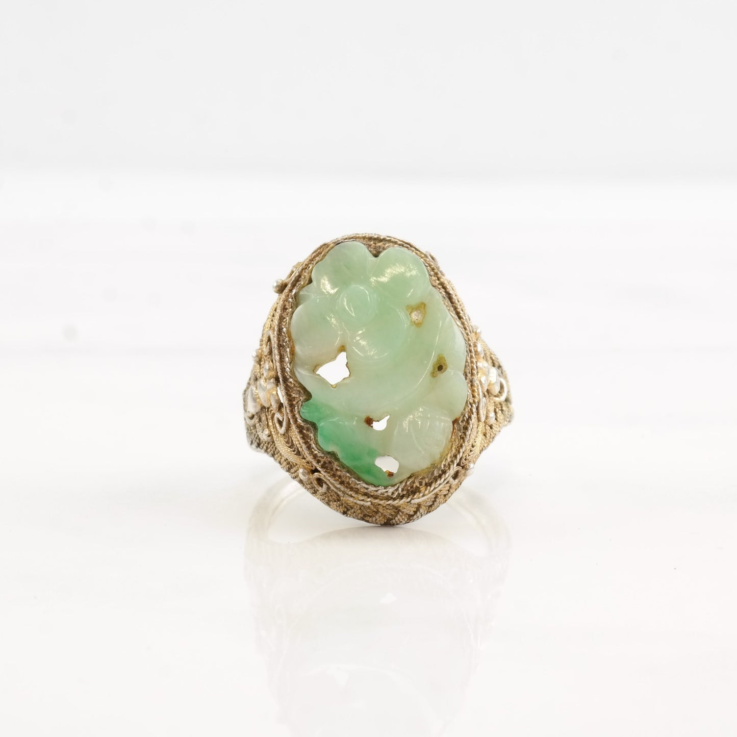 China Silver Ring Jadeite Carved Flower Gold Filled Filigree Sterling Size 7 3/4