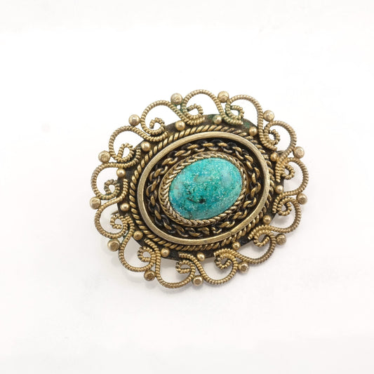 Israel Sterling Silver Brooch Pendant Filigree Gold Filled Cabochon