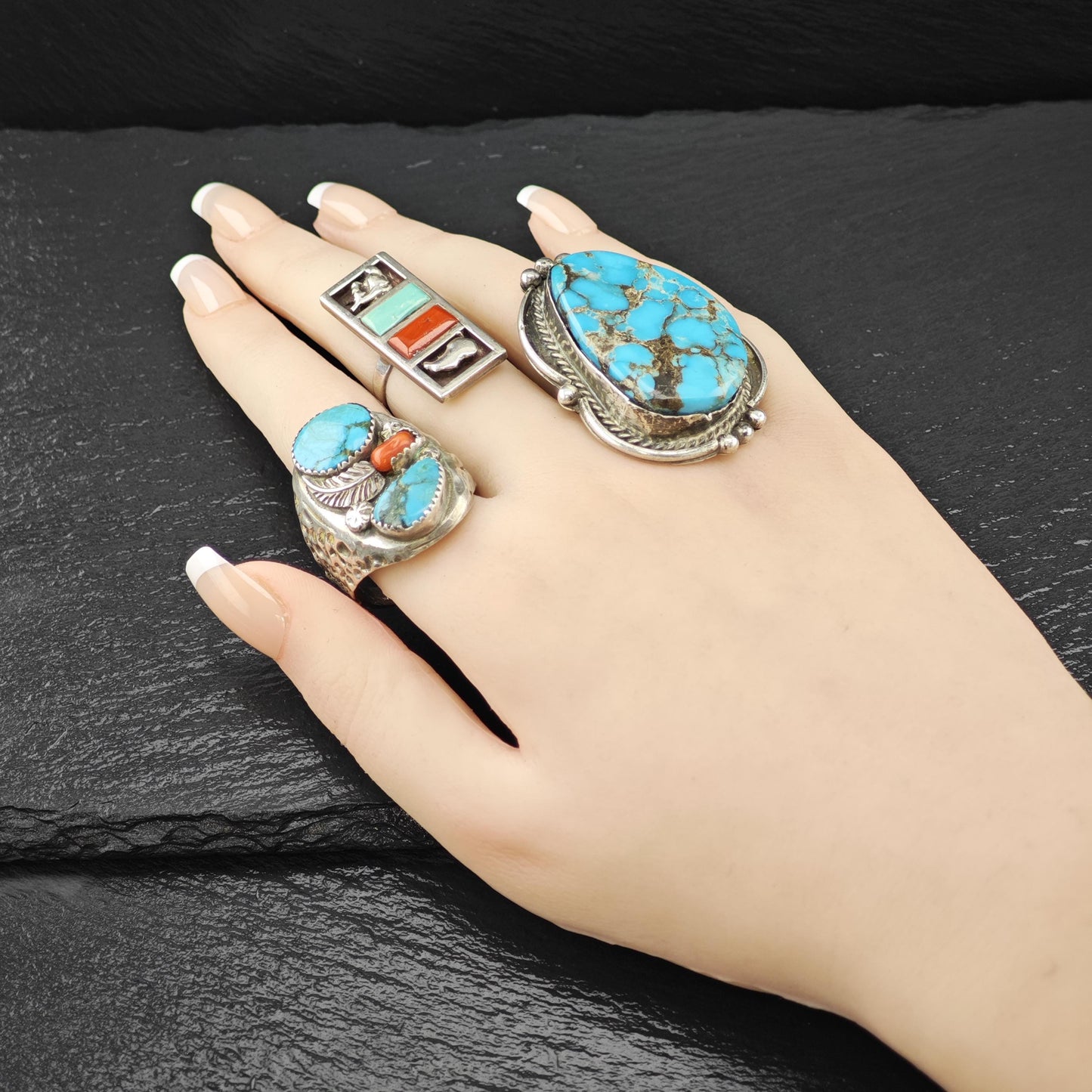Zuni, Native American Turquoise, Coral Inlay Ring Sterling Silver Sz 6