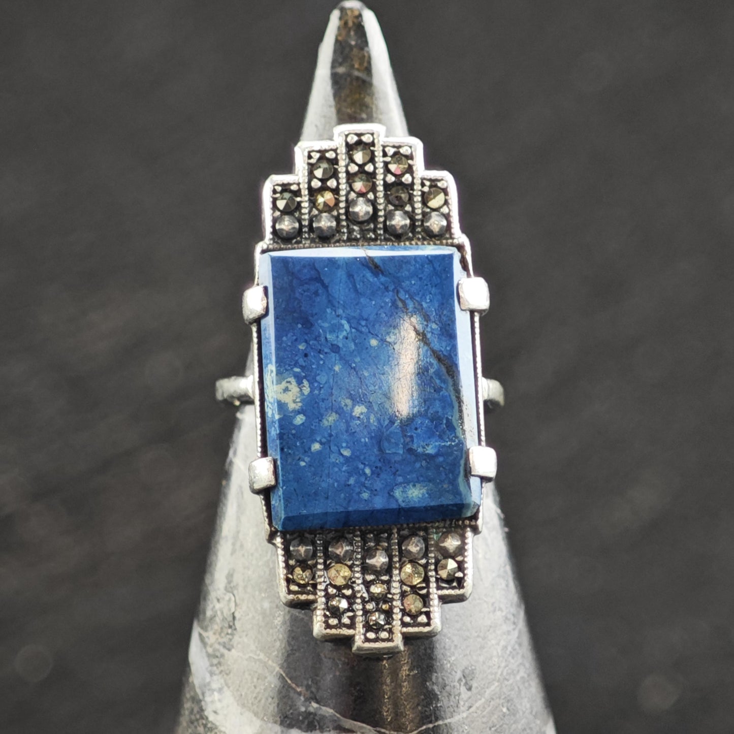 Art Deco Blue Gemstone Sterling Silver Ring Sz 3 1/4 R6593