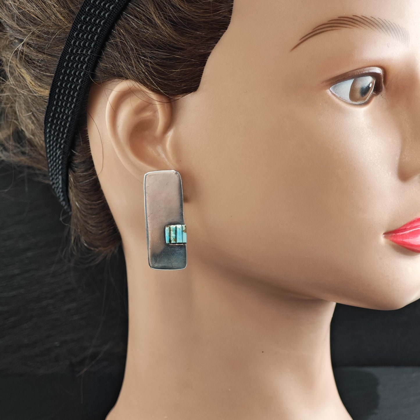 AS IS, Native American #8 Turquoise Cobble Stone Inlay Sterling Silver Stud Earrings ER3120